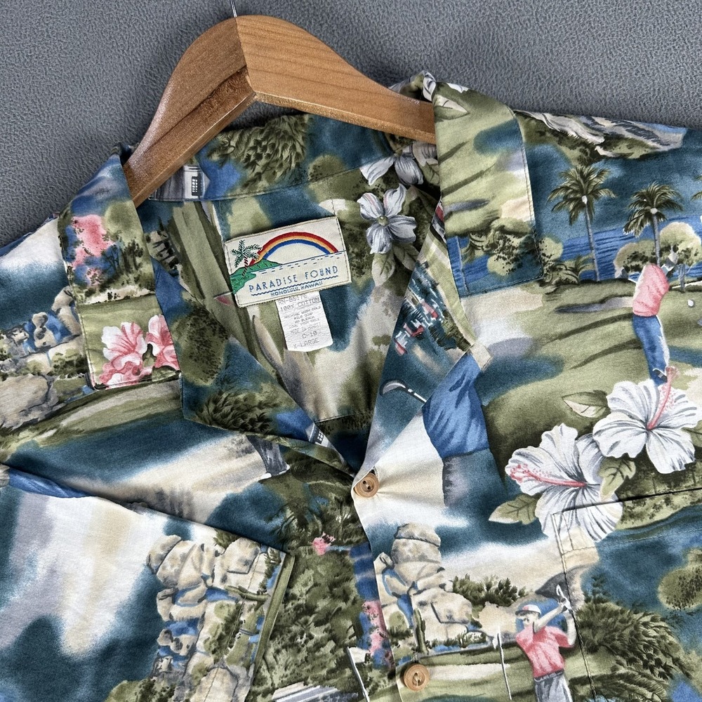 Paradise Found Shirt Mens XL Blue Green All Over Golfer Golf Hawaiian Beach Camp